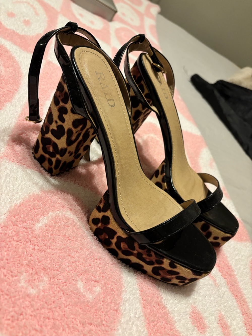 Leopard Print Platform Heels with Black Patent Straps